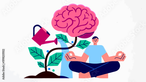 An illustration showing a person meditating while a watering can nurtures a plant with a brain as its flower, symbolizing mental growth and mindfulness.