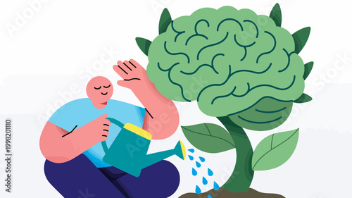 A person watering a brain-shaped plant, symbolizing mental growth and nurturing the mind.