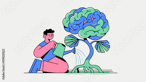 An illustration of a person watering a brain-shaped tree, symbolizing mental growth, development, and the cultivation of knowledge.