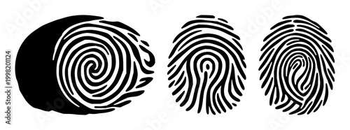 Biometric fingerprint scan loop set with solid black icon on white background featuring biometric, security, technology, health and identification