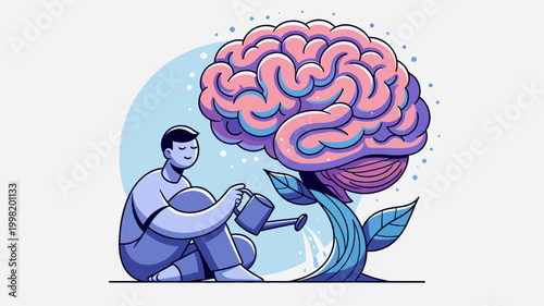 A person watering a plant with a brain, symbolizing mental growth, self-improvement, and nurturing the mind for intellectual development.