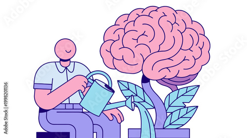 Person watering a plant with a brain, symbolizing mental growth, intellectual development, and nurturing the mind.