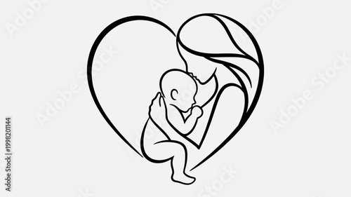 Minimalist line art illustration of a mother embracing her baby within a heart shape, symbolizing love, care, and the maternal bond.