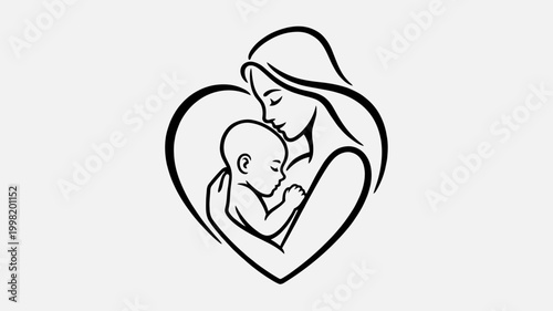 Stylized black and white line art illustration depicting a loving mother embracing her baby within a heart shape, symbolizing maternal bond and care.