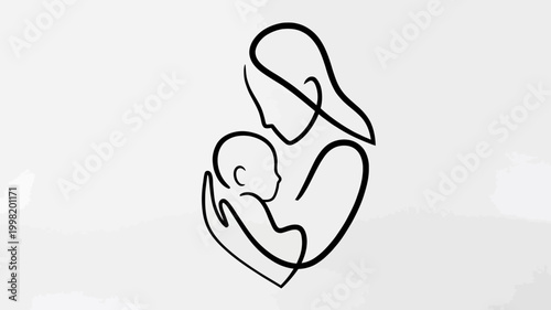 Minimalist line art drawing depicting a mother tenderly cradling her newborn baby, symbolizing maternal love and bonding.