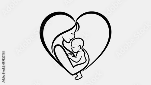 Stylized black outline of a mother embracing her baby within a heart shape, symbolizing maternal love and family bond on a light background.