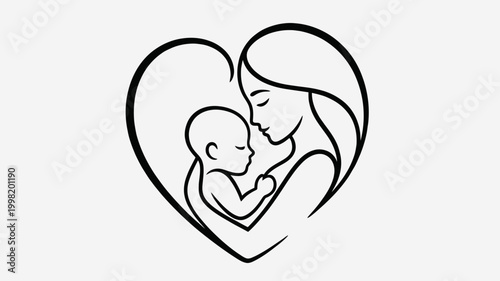 Simple line art illustration of a mother tenderly holding her baby within a heart shape, symbolizing love and maternal bond.