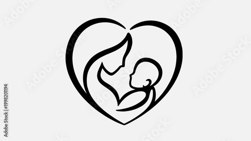 Stylized black outline drawing of a mother embracing her baby within a heart shape, symbolizing maternal love and family bond.