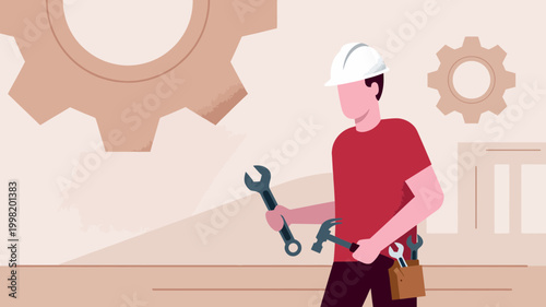 Illustration of a male worker in a hard hat holding a wrench and hammer, with gears in the background, representing industry and maintenance.