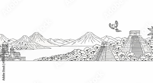 Panoramic view of ancient pyramids, city buildings, mountains, a lake, and birds in flight