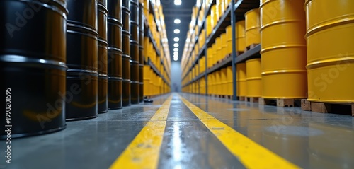Rows of black and yellow barrels fill a large warehouse storage facility. Industrial containers hold liquids on shelves. Manufacturing plant scene with logistics and supply chain elements.