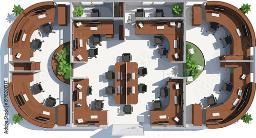 Modern Office Layout Design with Workstations, Meeting Rooms, Collaborative Spaces, and Green Plants for Office Planning, Architecture, and Interior Design Projects