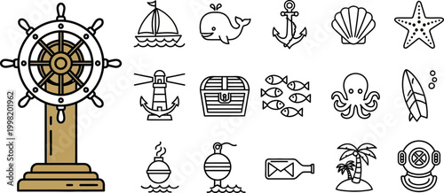 Nautical and marine ship wheel, sailboat, whale, anchor, shell, starfish, lighthouse, treasure chest, fish