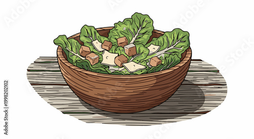 Rustic wooden bowl filled with crisp green salad and croutons