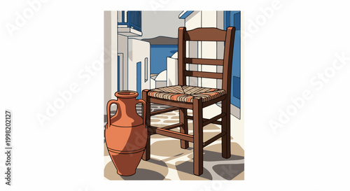 Rustic wooden chair and terracotta amphora in a sun-drenched Mediterranean alley