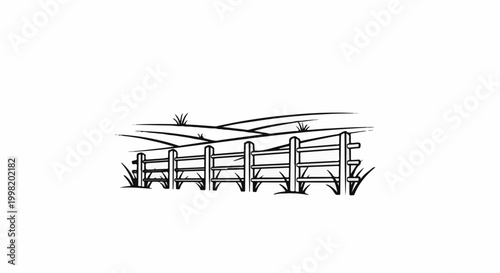Rustic wooden fence line stretches across rolling hills with scattered grass tufts