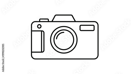 Basic black line art icon of a digital camera isolated on a white background representing the art of photography.
