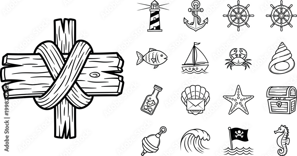 Fototapeta premium Nautical and pirate anchor, lighthouse, ship wheel, treasure chest, pirate flag
