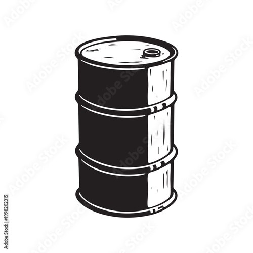Black and white hand drawn sketch of a metal oil barrel