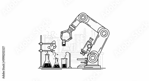 Robotic arm in lab handling vials amid beakers, flasks, and molecular models