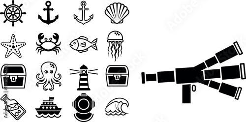 Nautical ship's wheel, anchors, seashell, starfish, crab, fish, jellyfish, treasure chests, lighthouse, telescope