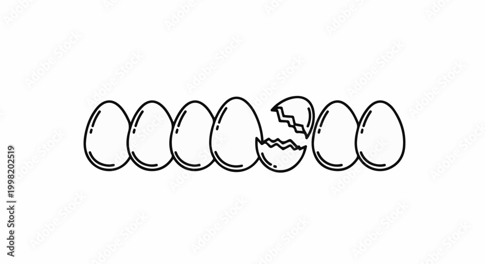 Obraz premium Row of eggs, one cracked open, against a white background