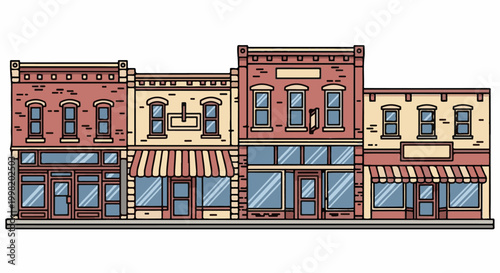 Row of diverse brick buildings with awnings and large windows