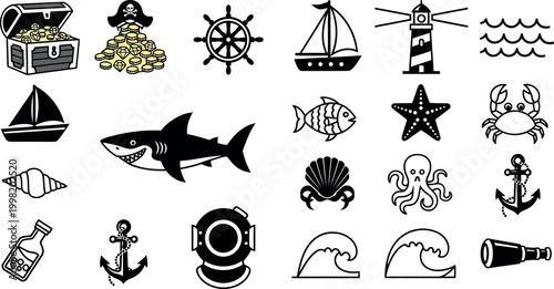 Nautical treasure chest, pirate coins, ship wheel, sailboat, lighthouse, waves, shark, fish, starfish, crab, shell