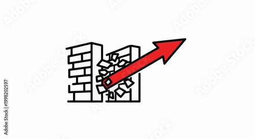 Red arrow breaks through brick wall, symbolizing progress and overcoming obstacles
