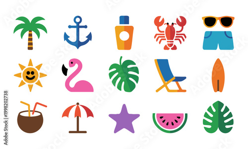 Flat tropical beach icons set summer vacation vector illustration.
