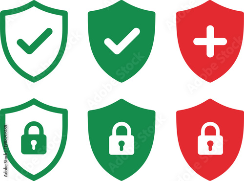 Shield Security Icon Set Featuring Protection Symbols, Check Mark, and Lock Signs, Cybersecurity, User Safety, Verified Access, and Business Security Concept, Modern Vector Illustration