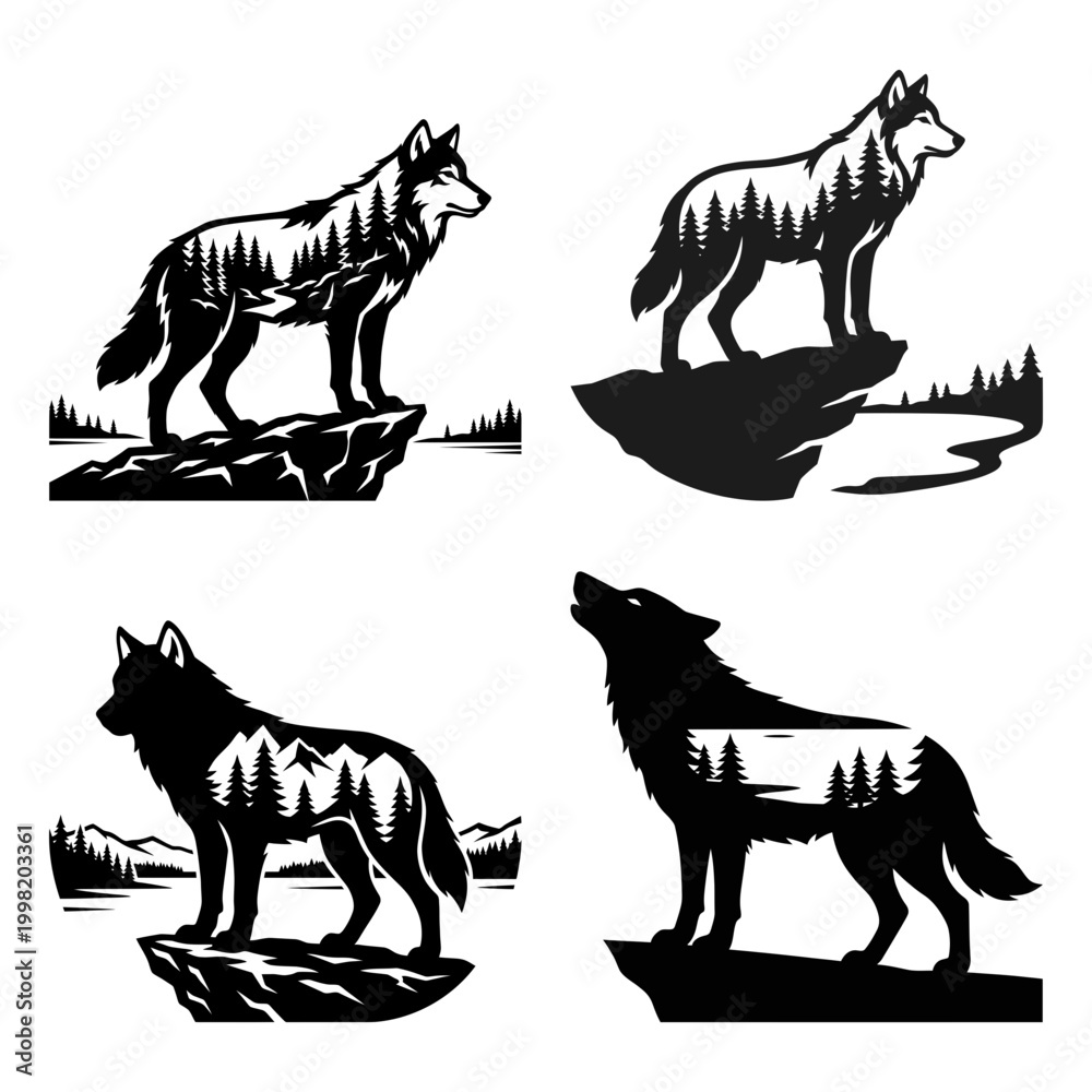 Fototapeta premium Wolf mountain cliff silhouette set with alpine forest