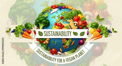 Sustainability for a vegan planet concept with a globe made of fresh fruits and vegetables
