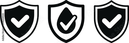 Shield security icon set with check marks, verified badge symbols, and waterproof protection signs. Modern flat vector illustration collection for apps, websites, UI, and digital safety.