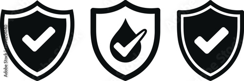 Shield security icon set with check marks, verified badge symbols, and waterproof protection signs. Modern flat vector illustration collection for apps, websites, UI, and digital safety.