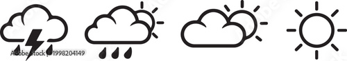 Sequence of four weather icon vector eps set showing storm clearing thundercloud cloud with sun and full sun in thick black outline style