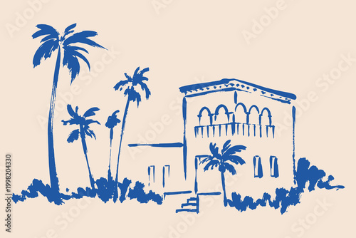 Mediterranean house with palm trees sketch style vector
