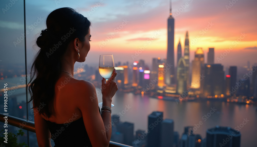 Fototapeta premium Elegant woman in black dress sips white wine on balcony overlooking Shanghai skyline at sunset. City lights twinkle below as twilight sky paints horizon. Enjoys serene evening view from luxury