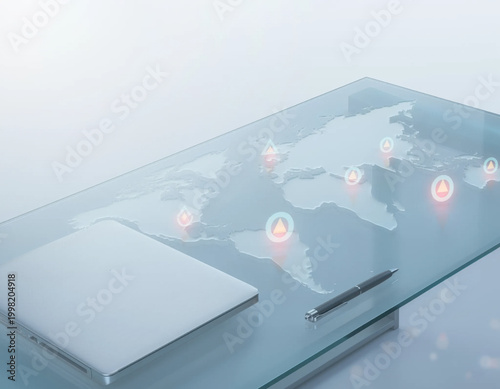 Glass table laptop pen world map office desk modern workspace global network business concept