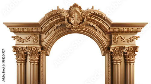 Elegant Ornate Golden Architectural Arch Frame with Classical Corinthian Columns and Intricate Baroque Carvings Isolated on White Background for Luxury Design Projects and Decorative Borders