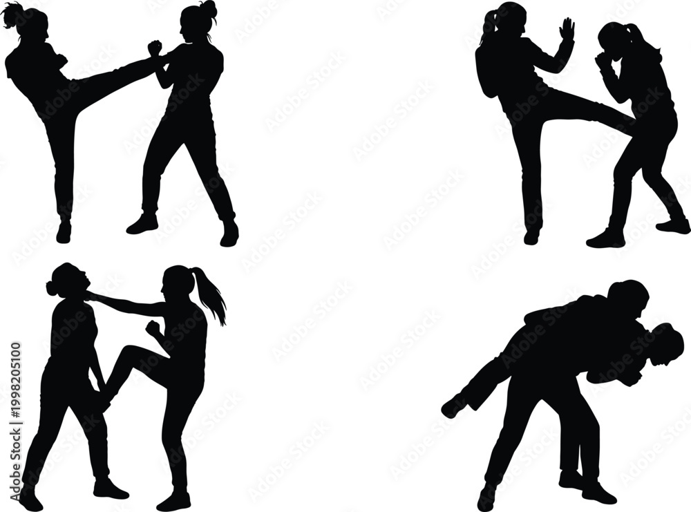 Fototapeta premium Black Silhouette Set of Two Women Practicing Self Defense Techniques Including Kicking and Grappling Moves Isolated on a White Background for Martial Arts Design Concepts