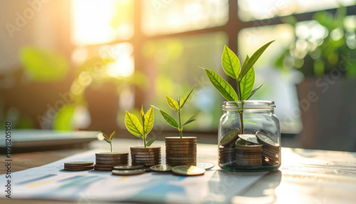 Plant growth coin money jar savings investment green finance concept