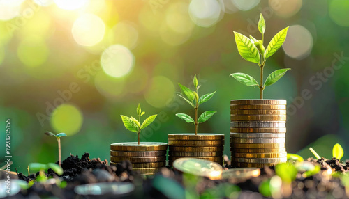 Plant growth, coin stack, green seedling, soil, sunlight