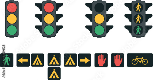 Traffic light signal vector icon set for road safety control featuring red, yellow, and green lights. Perfect illustration for traffic management, urban planning, and driver awareness education.
