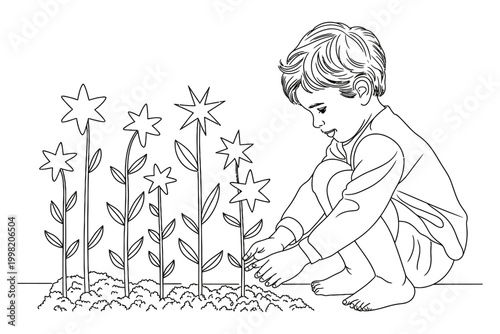 A young boy crouching down and tending to a row of starshaped flowers in a garden, black and white line art illustration