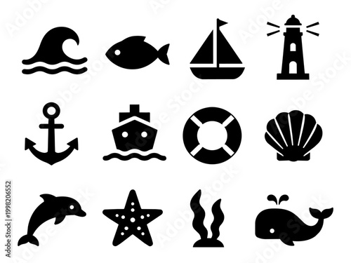 Sea and Marine Icon Set Monochrome (Wave, Fish, Yacht, Lighthouse, Anchor, Dolphin, Whale and More)

海のモノクロピクトグラムアイコンセット（波・魚・ヨット・灯台・碇・イルカ・クジラほか）