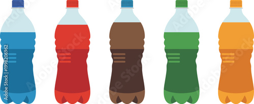 Water bottle icon set featuring plastic bottles, mineral water, carbonated soda, and fizzy drink symbols. Modern vector illustration collection for product design, branding, and packaging use.