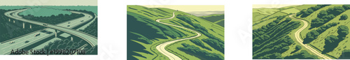 Set of Vintage Scenic Road Landscapes Featuring Winding Highways, Mountain Passes, and Rural Infrastructure Illustrations