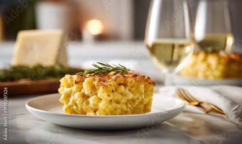 Macaroni and cheese with rosemary, wine, and cheese in background