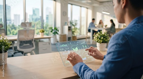 Professional using transparent tablet device to review sustainability metrics and environmental impact data in bright modern office workspace with city view background and indoor